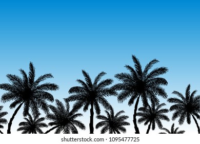 Vector image of silhouettes of palm trees against a blue sky at sunrise. Summer beach illustration.