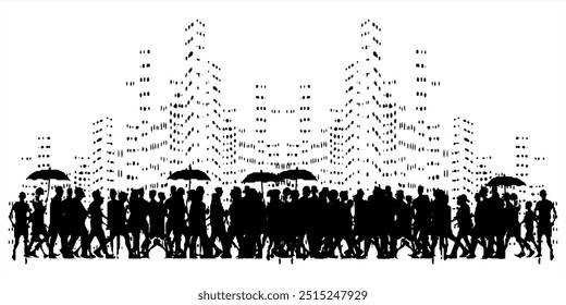 Vector image of silhouettes of people passing by in a city with a skyscraper background