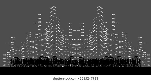 Vector image of silhouettes of people passing by in a city with a skyscraper background