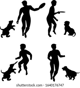 vector image of silhouettes of playing puppies with his master. Preparing a dog for a contest or performance for a title. Dog skills demonstration