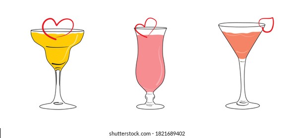 Vector image of silhouettes of three cocktails in glasses of different shapes with a romantic heart