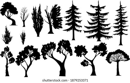 vector image of silhouettes of trees of various shapes