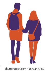 Vector image of silhouettes young citizens walking along street