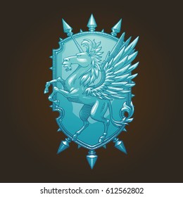 Vector image of a silver heraldic shield with spikes and with a silver heraldic unicorn with wings looking to the left in the center on a dark background. Coat of arms, heraldry, emblem, symbol.