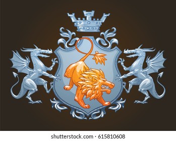 Vector image of a silver heraldic shield with a crown, with a gold lion in the center and with silver dragons on the edges on a dark background. Coat of arms, heraldry, emblem, symbol. Color image.