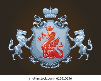 Vector image of a silver heraldic shield with a crown, with a red dragon in the center and with silver wolves on the edges on a dark background. Coat of arms, heraldry, emblem, symbol. Color image.