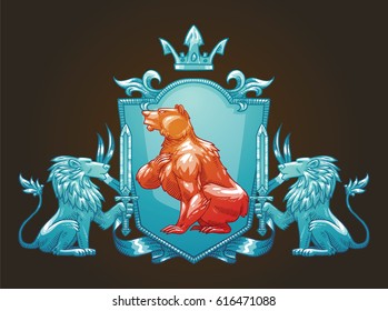 Vector image of a silver heraldic shield with a crown, with a bronze bear in the center and with silver lions on the edges on a dark background. Coat of arms, heraldry, emblem, symbol. Color image.