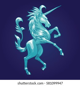 Vector image of a silver heraldic unicorn standing on his hind hooves and turn right on a dark blue background. Coat of arms, heraldry, emblem, symbol. Vector illustration.