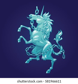 Vector image of a silver heraldic unicorn standing on his hind hooves and entangled by chains on a dark blue background. Coat of arms, heraldry, emblem, symbol. Vector illustration.