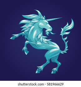 Vector image of a silver heraldic unicorn standing on his hind hooves and looking behind his back on a dark blue background. Coat of arms, heraldry, emblem, symbol. Vector illustration.