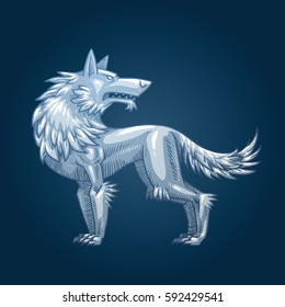 Vector image of a silver heraldic wolf standing and looking behind his back on a dark blue background. Coat of arms, heraldry, emblem, symbol. Color image. Vector illustration.