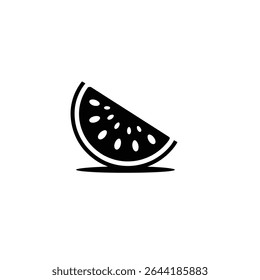 Vector image of a simple black and white slice of watermelon with seeds and a slight shadow. Minimalist design for logos, icons or illustrations.