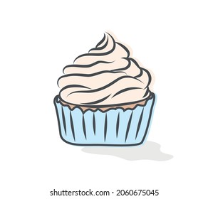 Vector image. Simple colored drawing of a cupcake with cream. Template for printing postcards, logo. Doodle style. Blue wrapper.