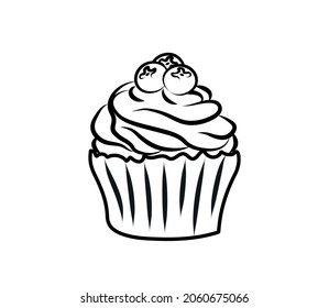 Vector image. Simple doodle of a cupcake with blueberries. Coloring book for children. Template for printing postcards, logo.