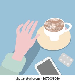 Vector image of simple things, smartphone, pills and cup of coffee. Flat lay