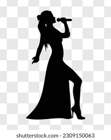 Vektorbild von singenden Frauen auf der Bühne. Weibliche Sängerin Silhouette. Die Silhouette der singenden Frau ist einzeln auf transparentem Hintergrund. Vollständig bearbeitbares Design-Element.