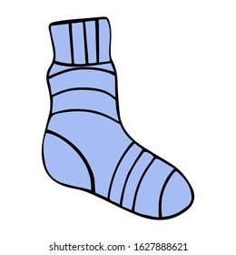 Vector image of a single blue cotton textile sock, striped, freehand drawing, outline stock illustration card for teaching a foreign language, illustrated study guide, clothes, personal items.