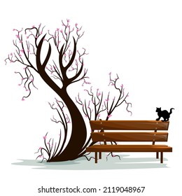 Vector image of a single richly flowering tree in the spring. Ecological Stop for a passer-by with a bench Stylization. EPS 10