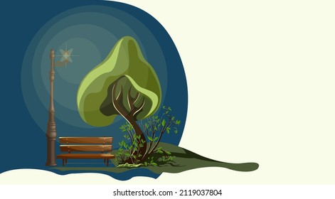 Vector image of a single tree under the illumination of a lantern in the autumn and summer in the evening. Ecological Stop for a passer-by with a bench Stylization. EPS 10