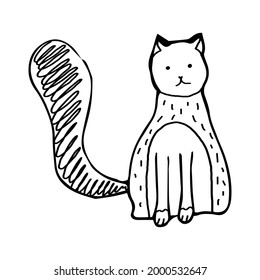 Vector image of a sitting cat. Doodle. Black outline. Hand-drawn. Design of posters, postcards, invitations for holidays, decor, children's design.

