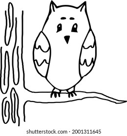 Vector image of a sitting owl on a tree branch. Doodle. Black outline. Hand-drawn. Design of posters, postcards, invitations to the holiday, decor.