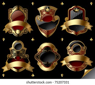 Vector image of six gold vintage labels with design elements on black background