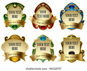 Vector image of six gold vintage labels with design elements on white background