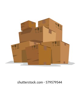 Vector image of six light brown cardboard boxes of big sizes standing on a white background. Trucking, delivery, logistics, packaging. Vector illustration.