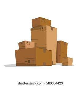 Vector image of six light brown cardboard boxes of big and small sizes, standing on a white background. Trucking, delivery, logistics, packaging. Vector illustration.