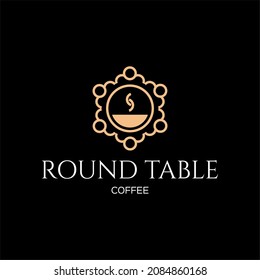 Vector image of six people around a round table with a cup of coffee on it. Can be used for logos or for other graphic purposes.