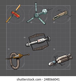 Vector image of six retro spaceships and orbitals from parallel future.