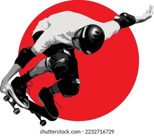 A VECTOR IMAGE OF A SKATEBOARDER WITH A RED SUN SILHOUETTE AS BACKGROUND.