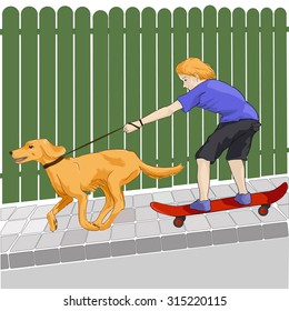 a vector image of a skateboarding teenager with a dog on a leash