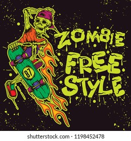 Vector image. Skeleton on a skateboard on a dark background, with a bright inscription