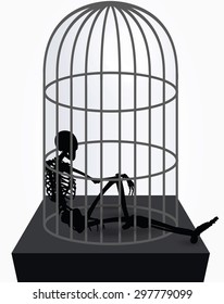 Vector Image - skeleton silhouette in sitting in cage pose isolated on white background 