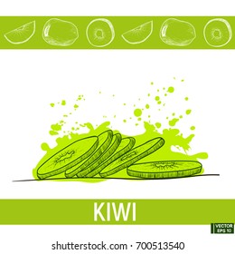 Vector image. Sketch of exotic fruit. Doodle drawing kiwi on a background green splots. Set, fruit of kiwi, slices and sectional view.
