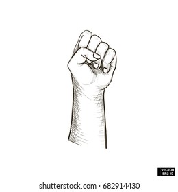 Vector image. A sketch fist raised up. Arm up the hand drawing