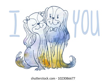 vector image sketch of loving dogs from lines and watercolor spots of delicate flowers, bride with humor, funny touching recognition of the letter I Love You