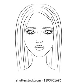 Vector image (sketch) of a portrait of a beautiful young girl, with big eyes and lips, close-up. Template for coloring. Isolated on white. Vector EPS 10.