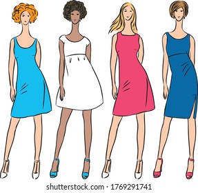 Vector image of sketches fashionable slim women in various summer dresses