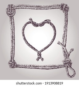 Vector image of sketches heart shape and frame from rigging rope
