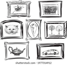 Vector image of sketches various paintings in frames on the wall in art gallery