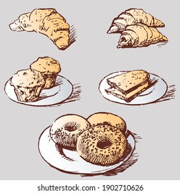 Vector image of sketches various pastries for breakfast