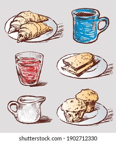 Vector image of sketches various pastries and beverages for breakfast