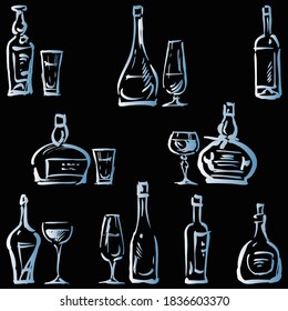 Vector image of sketches various wine glasses and bottles