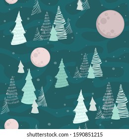 Vector image of sketchy Christmas trees drawn with strokes and lines next to a huge full moon and snowflakes on a camouflage green background. Seamless background for wallpaper, textile and wrapping p