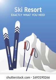 Vector image of ski equipment and snowy mountains on the background. Flat illustration. Ski Resort poster. Blue and white colors.