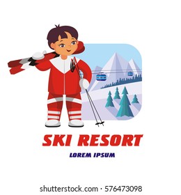 The  vector image of the skier in the background of a winter mountain landscape.