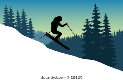 Vector image of a skier in a helmet with a mountainside down at speed.  Winter sport. Trick. The descent from the mountains in the background of mountains and forests. Jump while descending skiers.