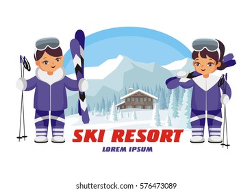 The  vector image of the skiers in the background of a winter mountain landscape.